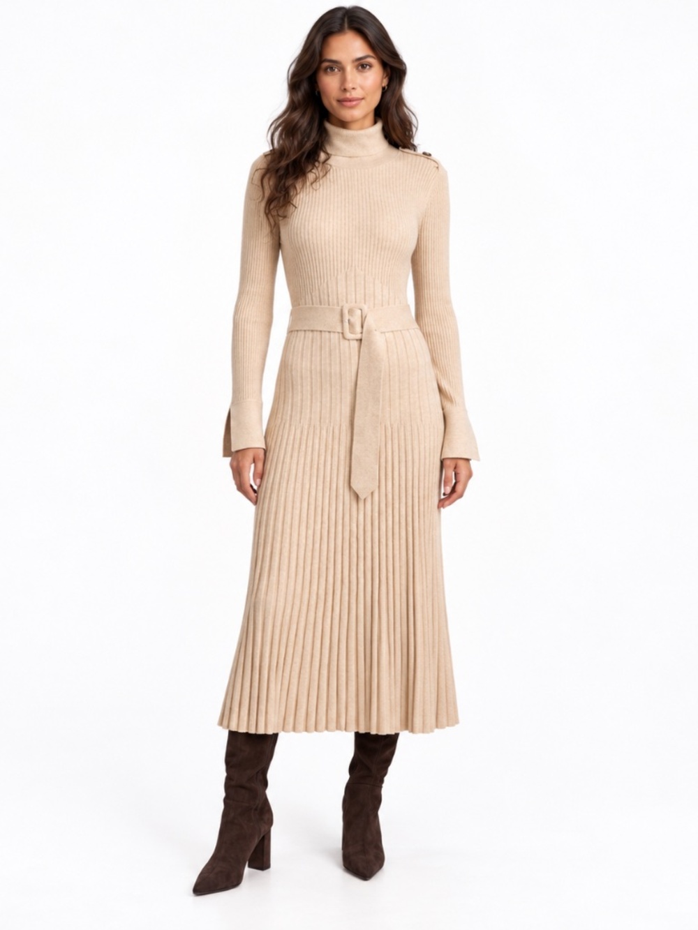Reiss -Vinette Belted Ribbed Turtleneck Midi Sweater Dress